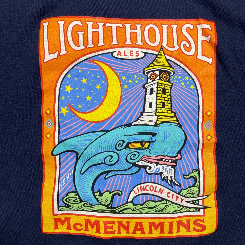 McMenamins T Shirt Men Large Navy Blue Lighthouse Ales Lincoln City Whale Cotton - Picture 2 of 7